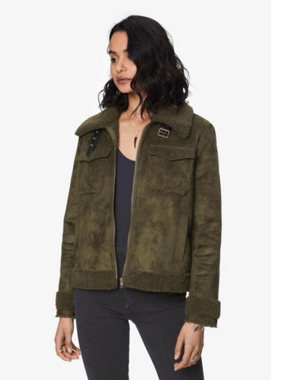 MOTHER Olive Faux-Suede Shearling Utility Jacket
